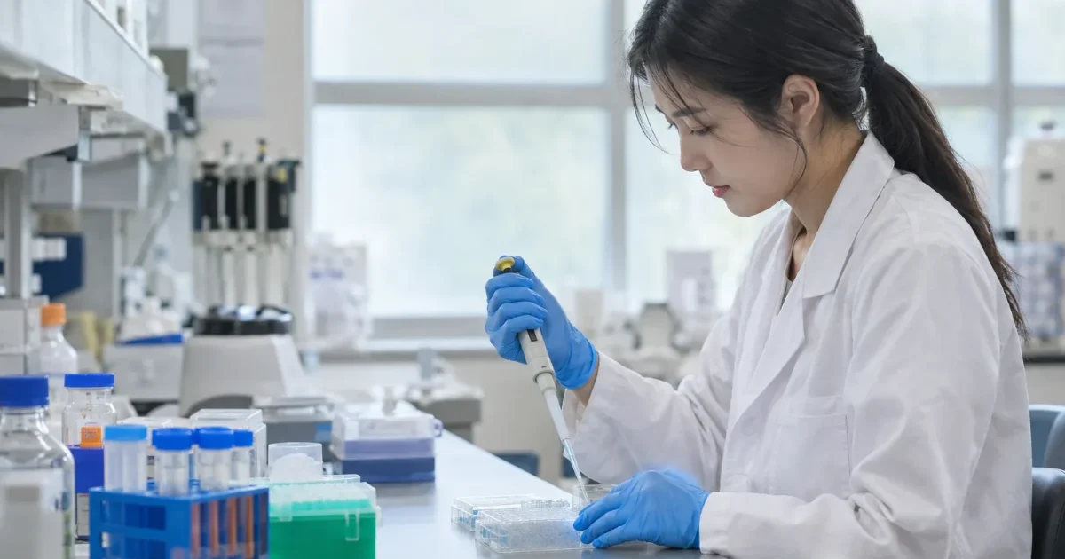 밝은 실험실에서 흰 가운과 파란 장갑을 낀 연구원이 피펫으로 시료를 옮기고, 앞에 시약병과 튜브 거치대가 놓여 있다